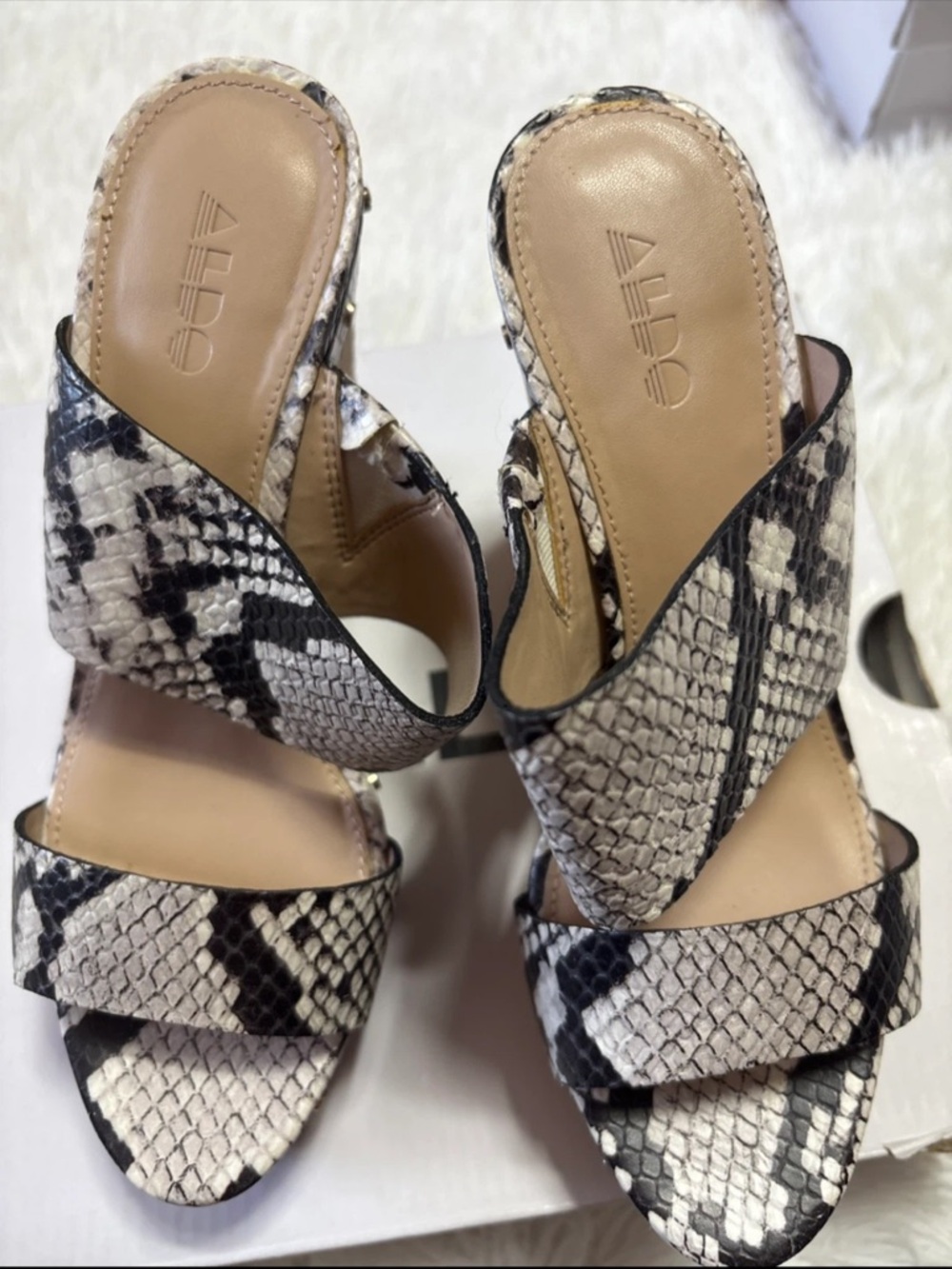 Aldo Black & White Snake-Print Slide Mules